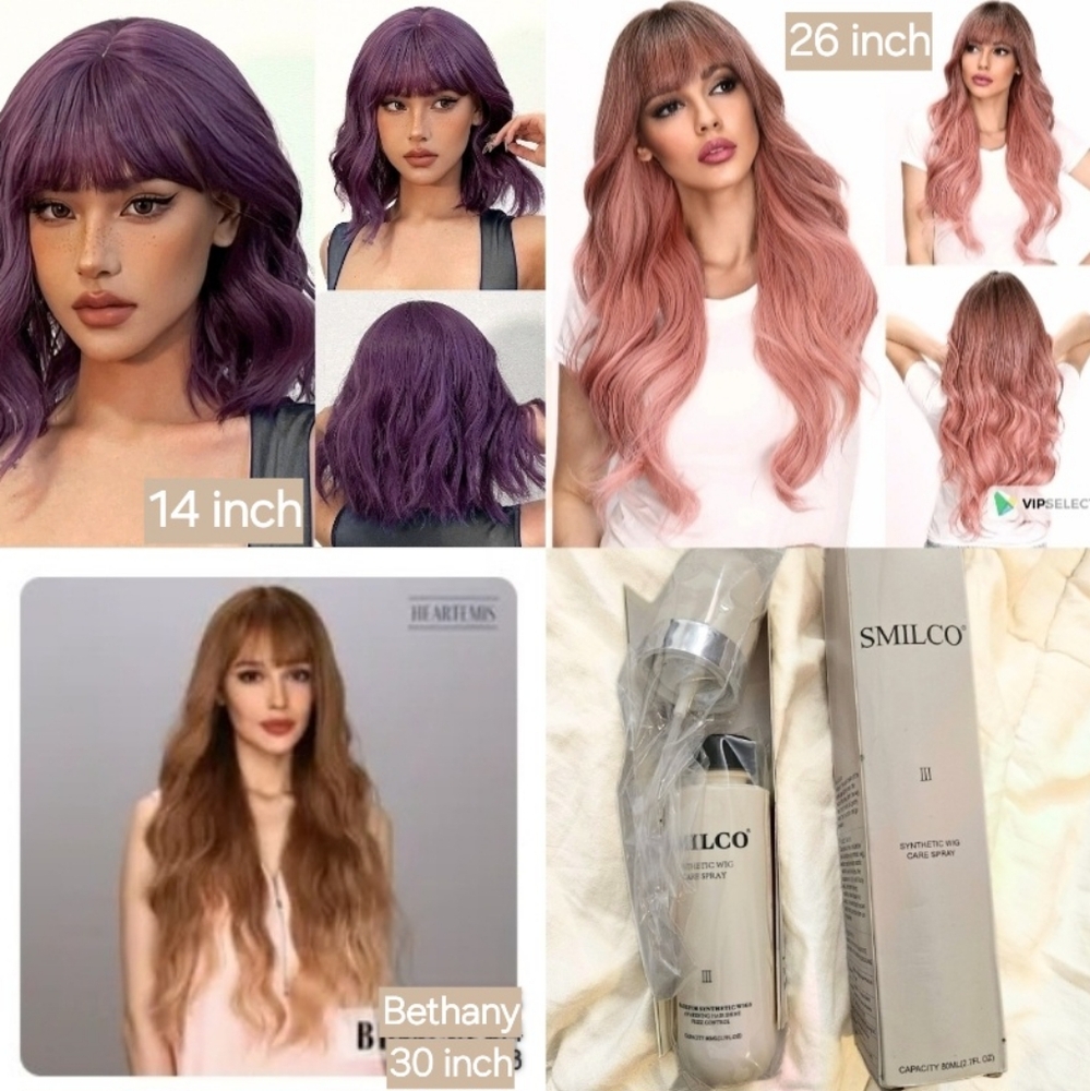 NEW 3 Wig BUNDLE w Care Spray, Heat Resistant Styleable Synthetic Hair Wigs